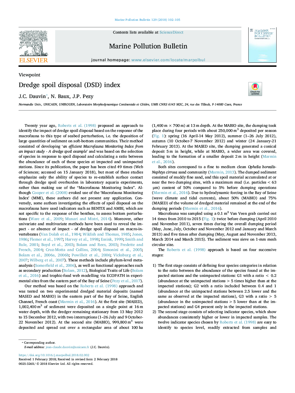 Dredge spoil disposal (DSD) index