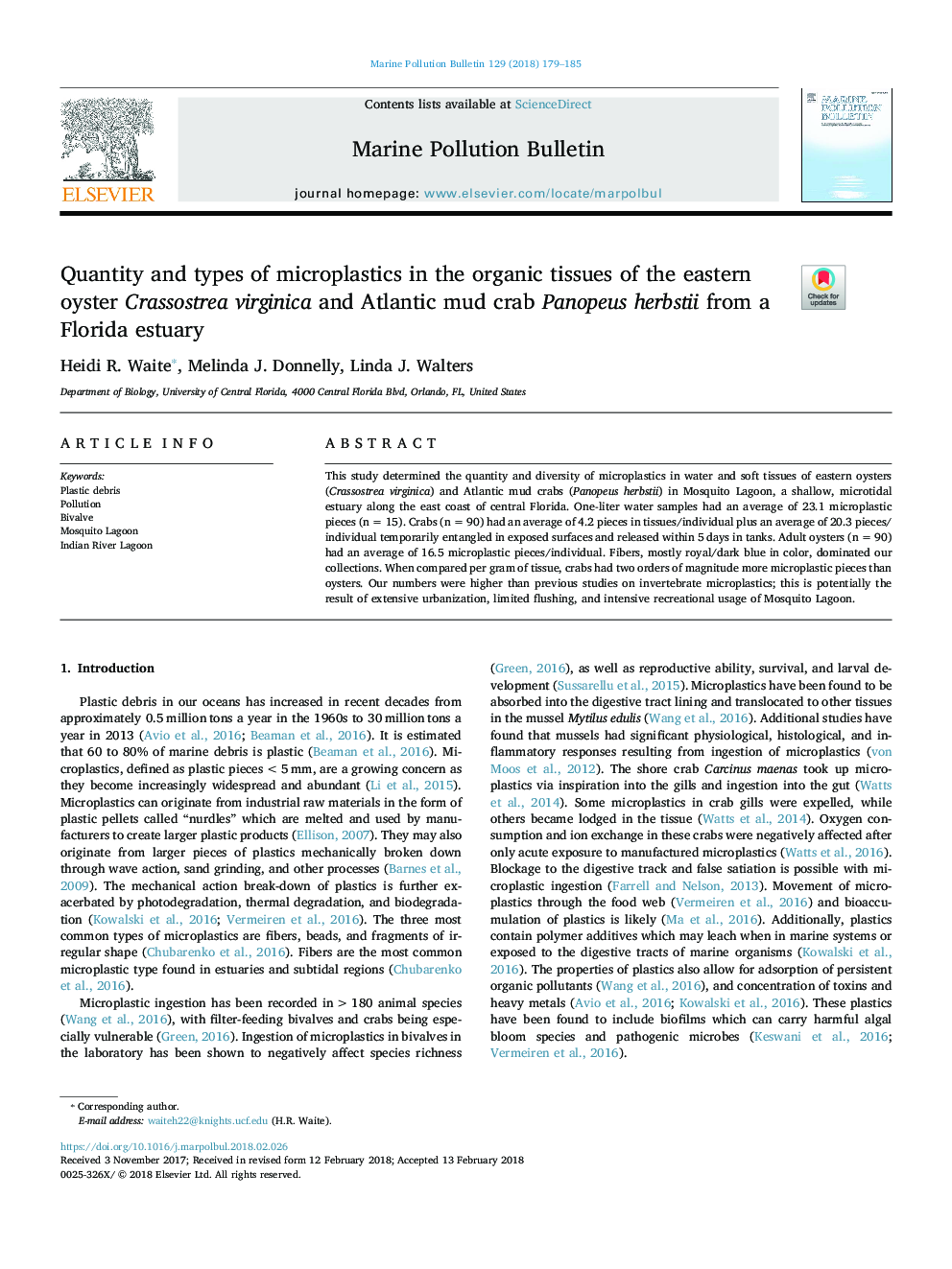 Quantity and types of microplastics in the organic tissues of the eastern oyster Crassostrea virginica and Atlantic mud crab Panopeus herbstii from a Florida estuary