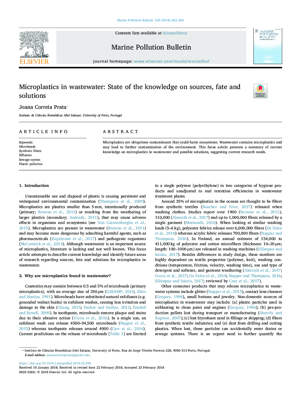 Microplastics in wastewater: State of the knowledge on sources, fate and solutions