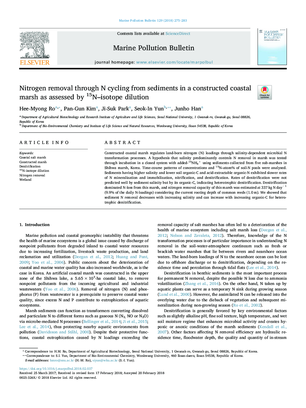 Nitrogen removal through N cycling from sediments in a constructed coastal marsh as assessed by 15N-isotope dilution