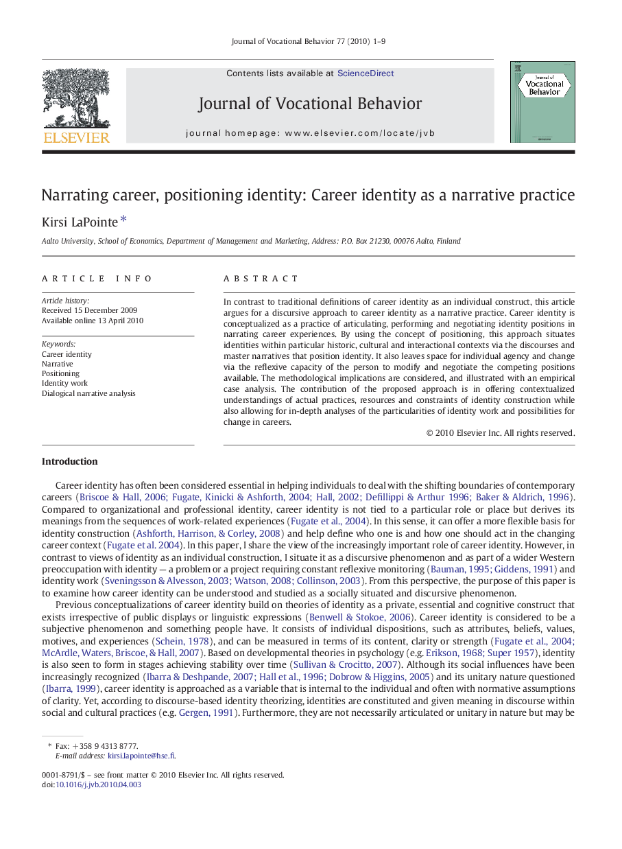 Narrating career, positioning identity: Career identity as a narrative practice