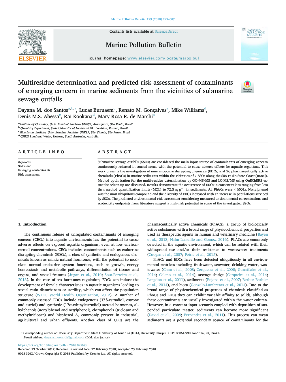 Multiresidue determination and predicted risk assessment of contaminants of emerging concern in marine sediments from the vicinities of submarine sewage outfalls