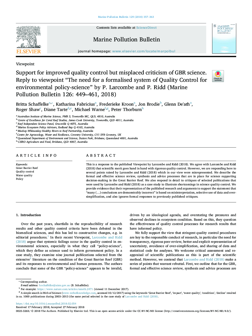 Support for improved quality control but misplaced criticism of GBR science. Reply to viewpoint “The need for a formalised system of Quality Control for environmental policy-science” by P. Larcombe and P. Ridd (Marine Pollution Bulletin 126: 449-461, 2018