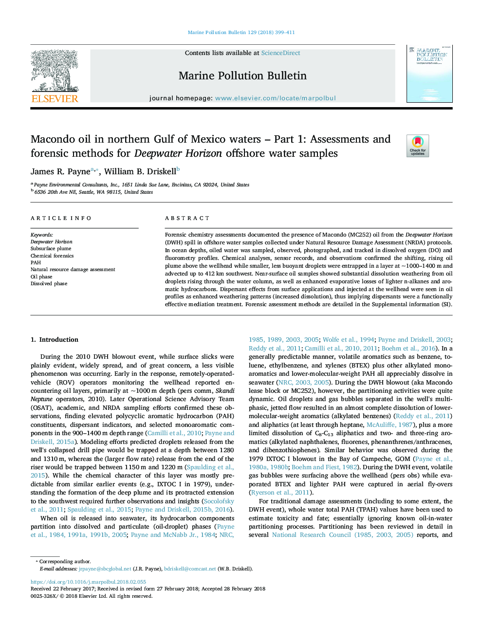 Macondo oil in northern Gulf of Mexico waters - Part 1: Assessments and forensic methods for Deepwater Horizon offshore water samples