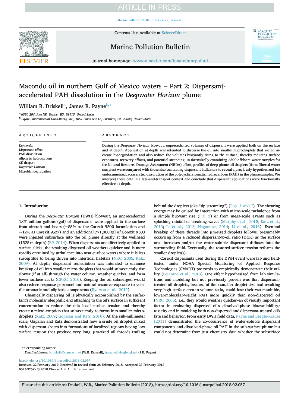 Macondo oil in northern Gulf of Mexico waters - Part 2: Dispersant-accelerated PAH dissolution in the Deepwater Horizon plume