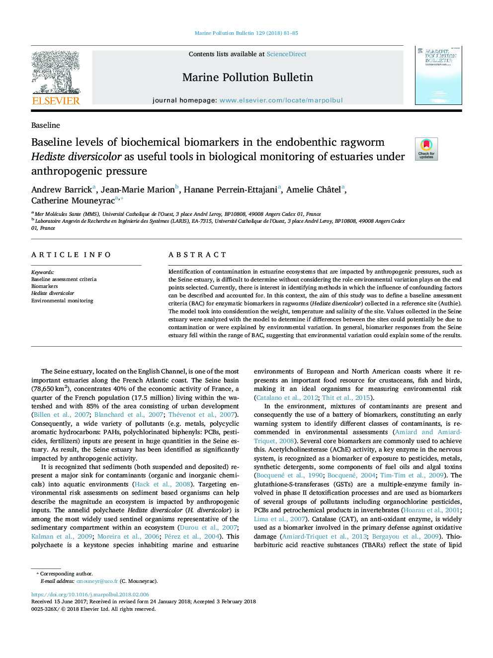 Baseline levels of biochemical biomarkers in the endobenthic ragworm Hediste diversicolor as useful tools in biological monitoring of estuaries under anthropogenic pressure