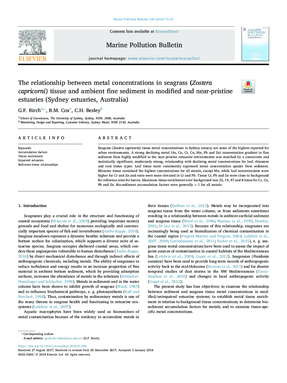 The relationship between metal concentrations in seagrass (Zostera capricorni) tissue and ambient fine sediment in modified and near-pristine estuaries (Sydney estuaries, Australia)