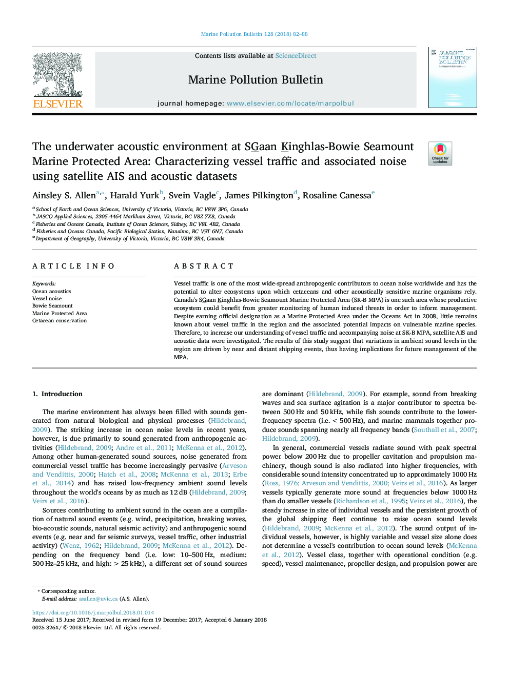 The underwater acoustic environment at SGaan Kinghlas-Bowie Seamount Marine Protected Area: Characterizing vessel traffic and associated noise using satellite AIS and acoustic datasets