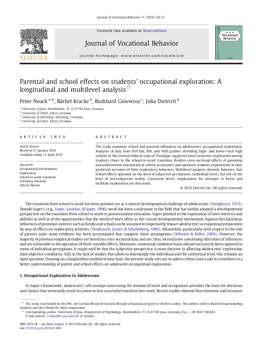 Parental and school effects on students' occupational exploration: A longitudinal and multilevel analysis 