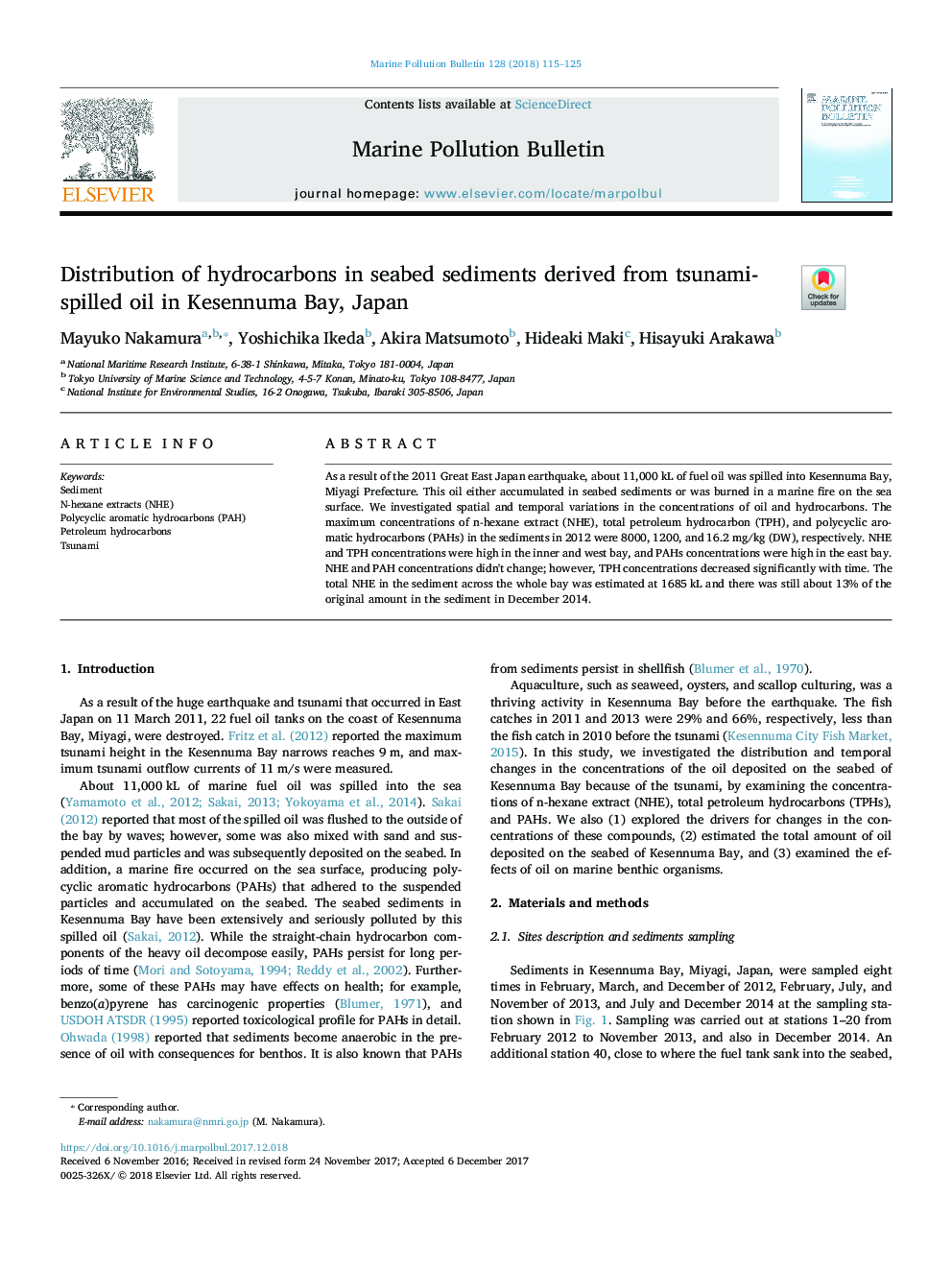 Distribution of hydrocarbons in seabed sediments derived from tsunami-spilled oil in Kesennuma Bay, Japan