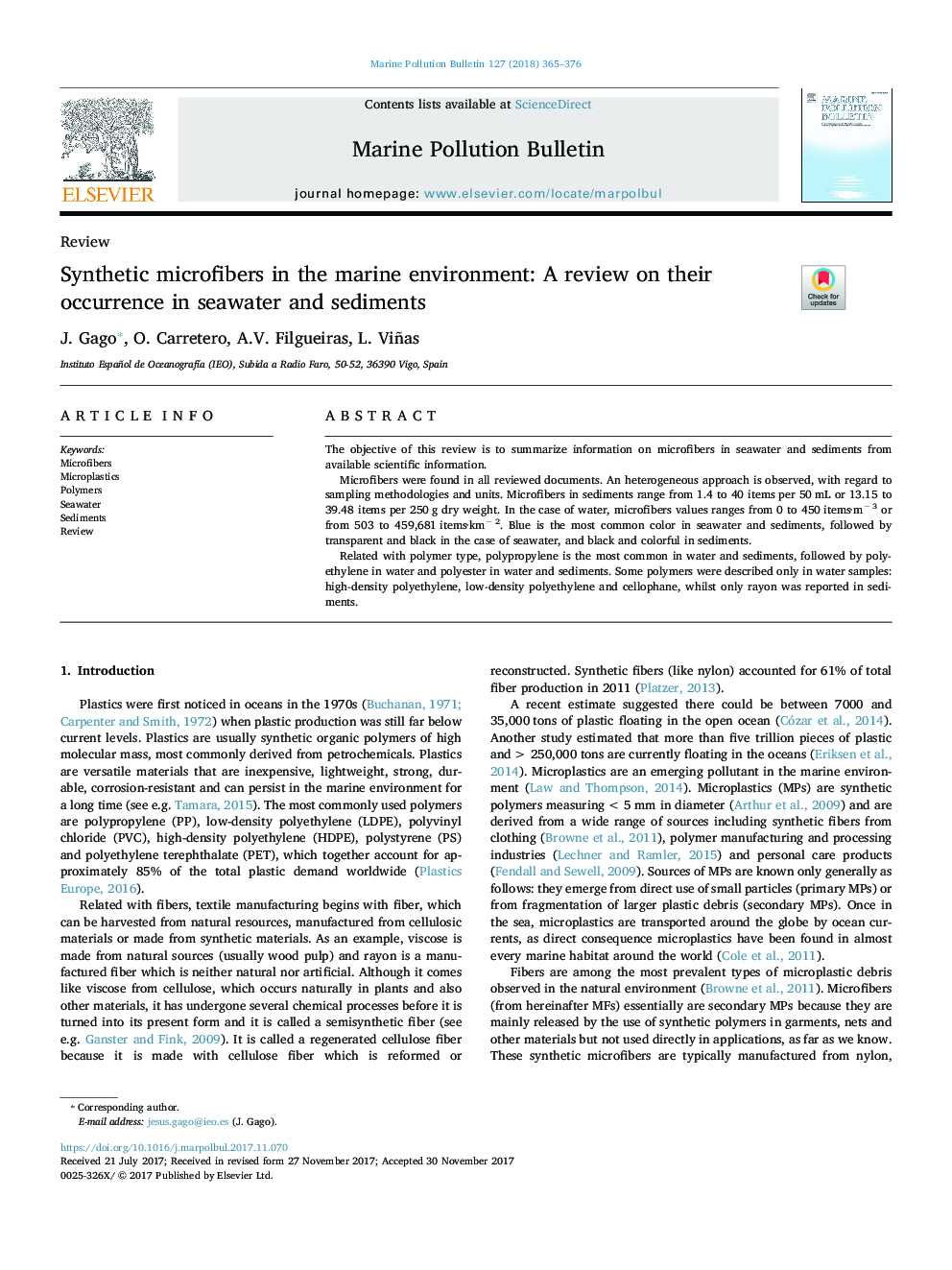 Synthetic microfibers in the marine environment: A review on their occurrence in seawater and sediments