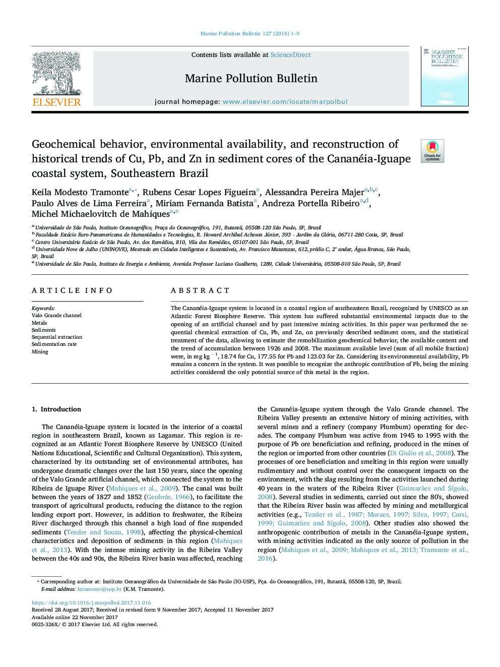 Geochemical behavior, environmental availability, and reconstruction of historical trends of Cu, Pb, and Zn in sediment cores of the Cananéia-Iguape coastal system, Southeastern Brazil