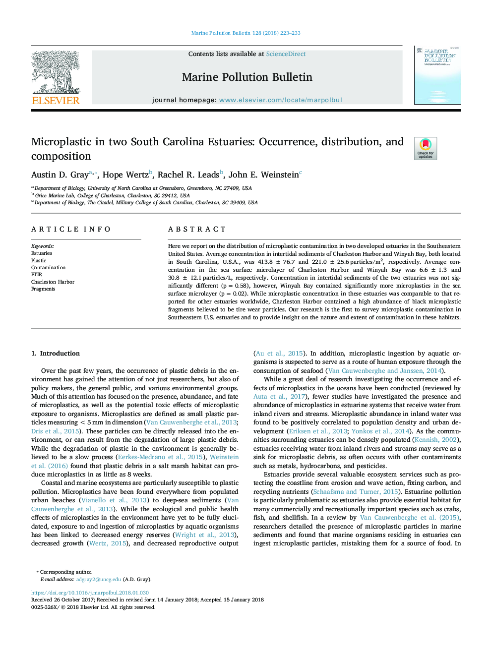 Microplastic in two South Carolina Estuaries: Occurrence, distribution, and composition