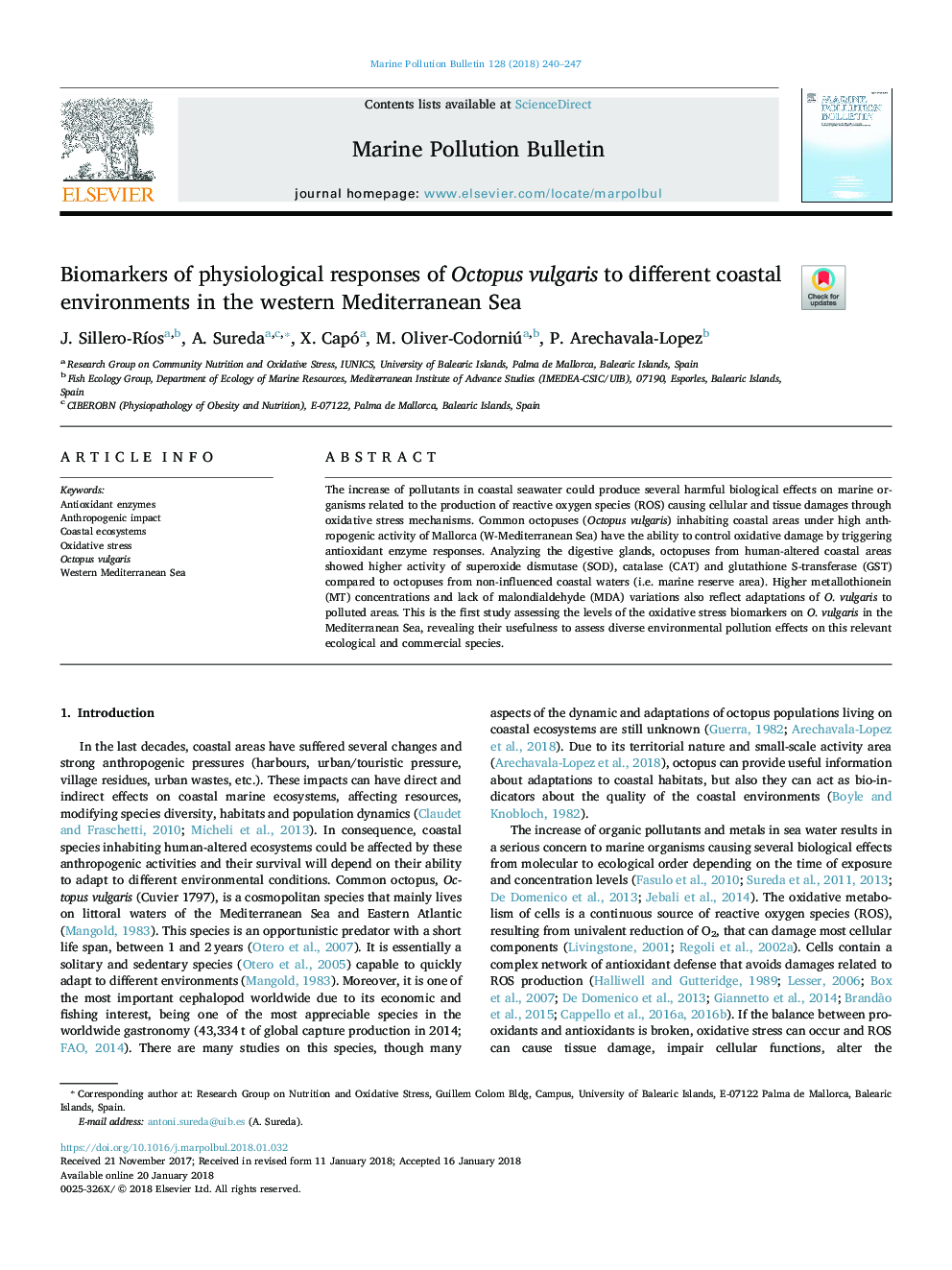 Biomarkers of physiological responses of Octopus vulgaris to different coastal environments in the western Mediterranean Sea