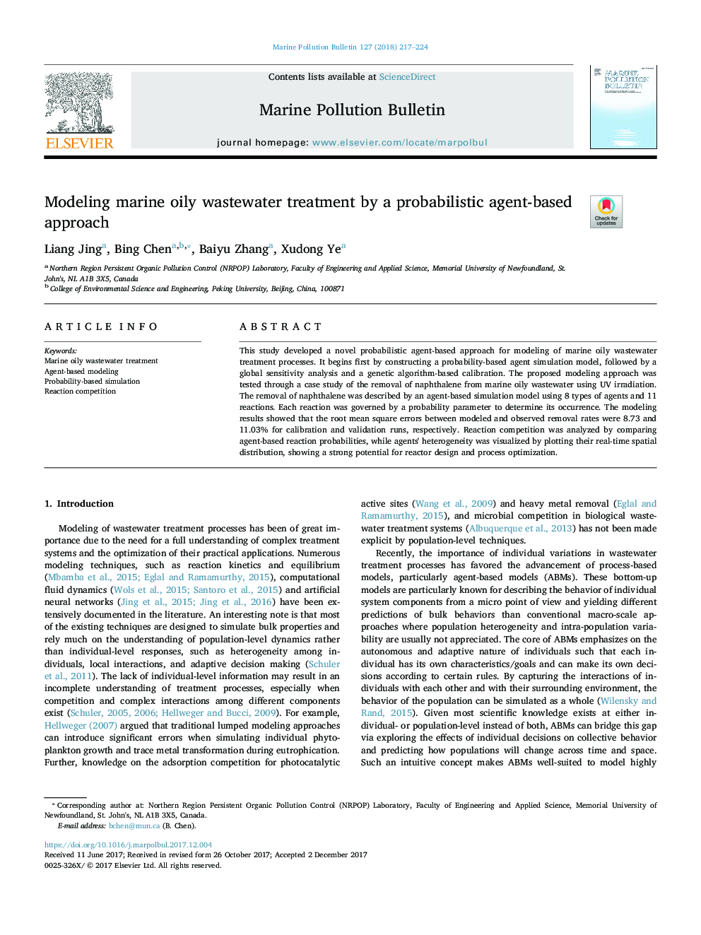 Modeling marine oily wastewater treatment by a probabilistic agent-based approach