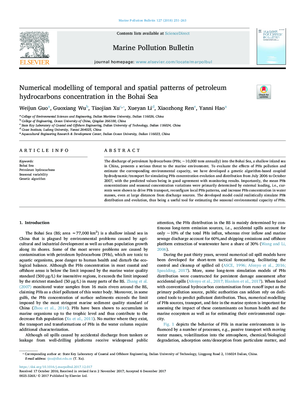 Numerical modelling of temporal and spatial patterns of petroleum hydrocarbons concentration in the Bohai Sea