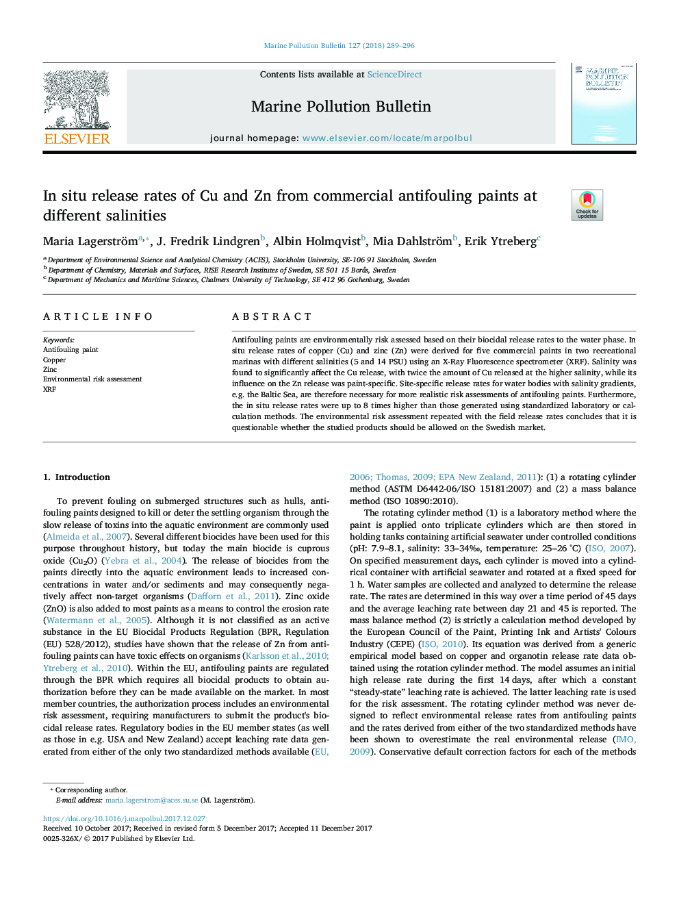 In situ release rates of Cu and Zn from commercial antifouling paints at different salinities