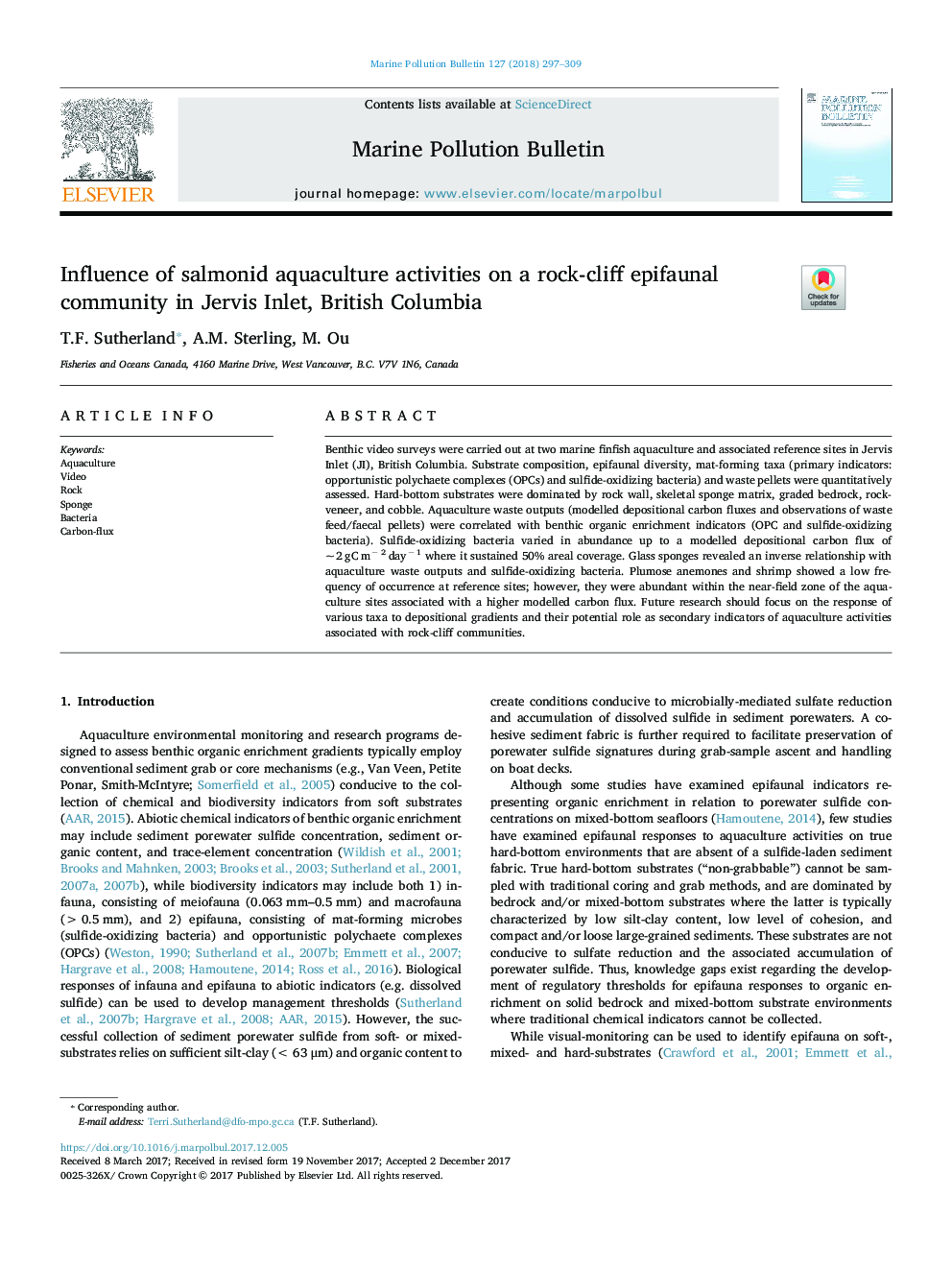 Influence of salmonid aquaculture activities on a rock-cliff epifaunal community in Jervis Inlet, British Columbia