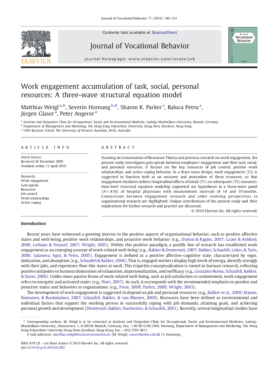 Work engagement accumulation of task, social, personal resources: A three-wave structural equation model