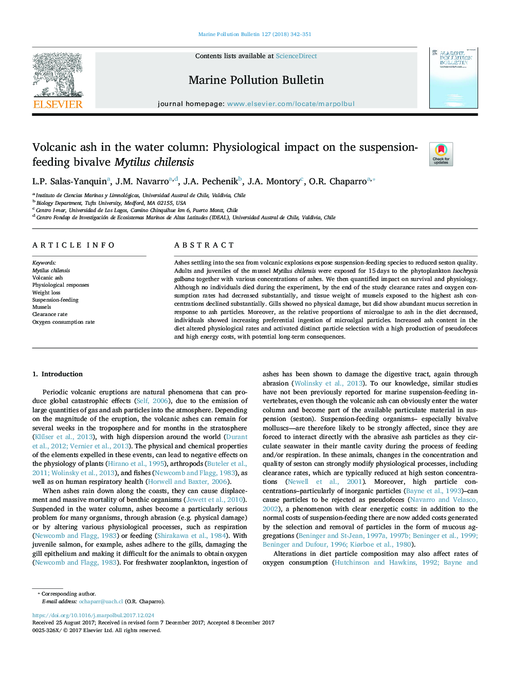 Volcanic ash in the water column: Physiological impact on the suspension-feeding bivalve Mytilus chilensis