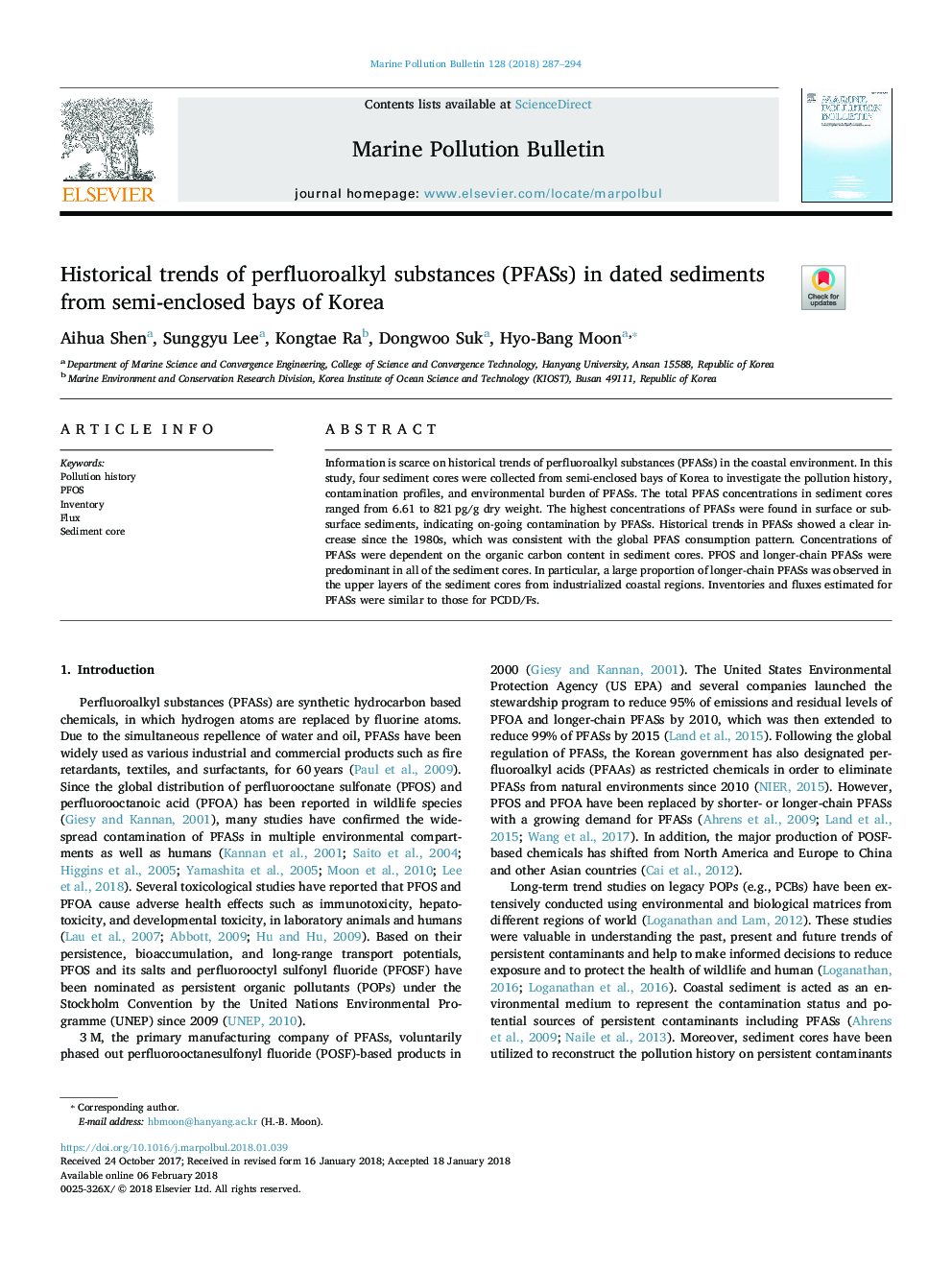 Historical trends of perfluoroalkyl substances (PFASs) in dated sediments from semi-enclosed bays of Korea