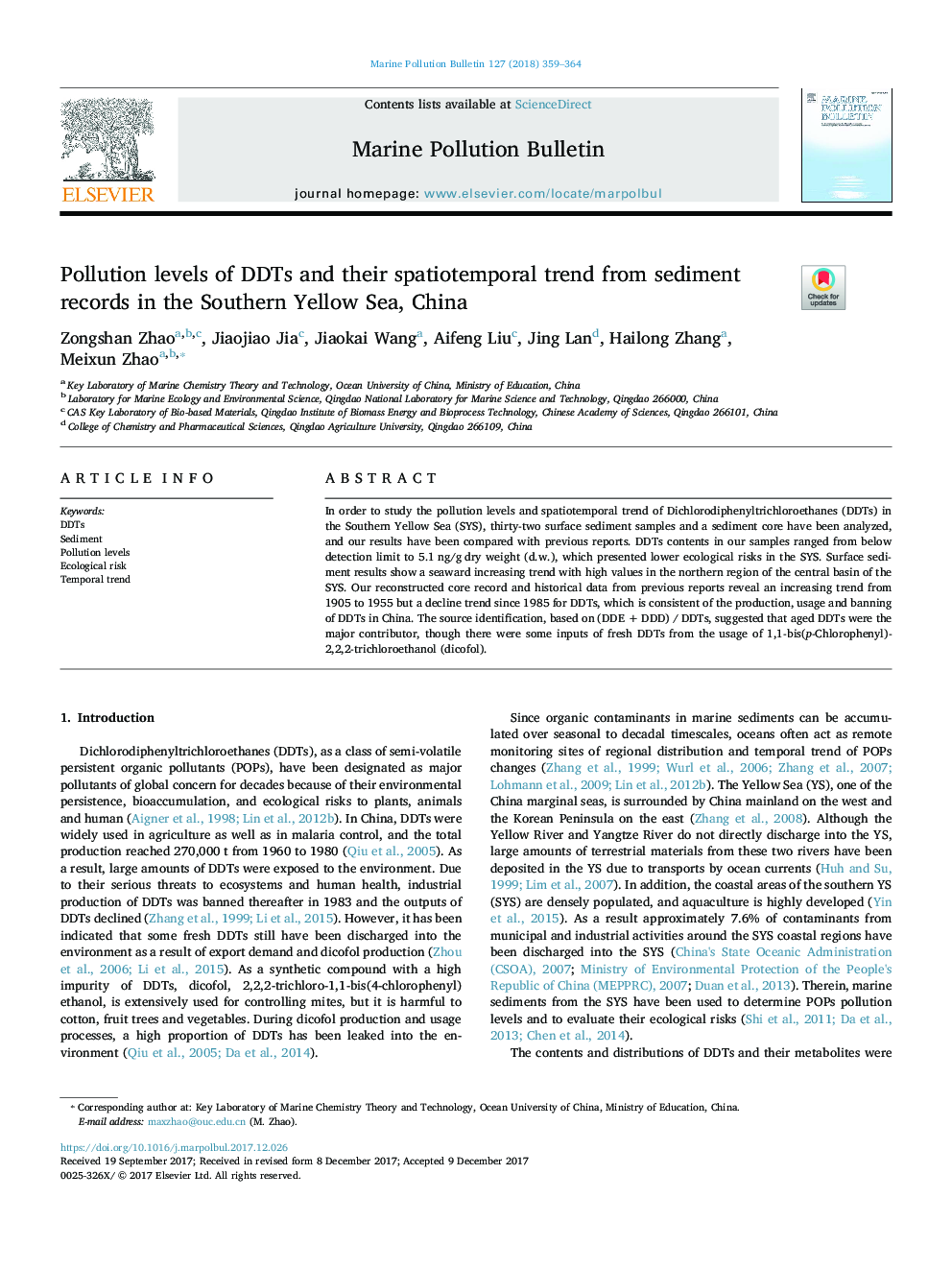 Pollution levels of DDTs and their spatiotemporal trend from sediment records in the Southern Yellow Sea, China