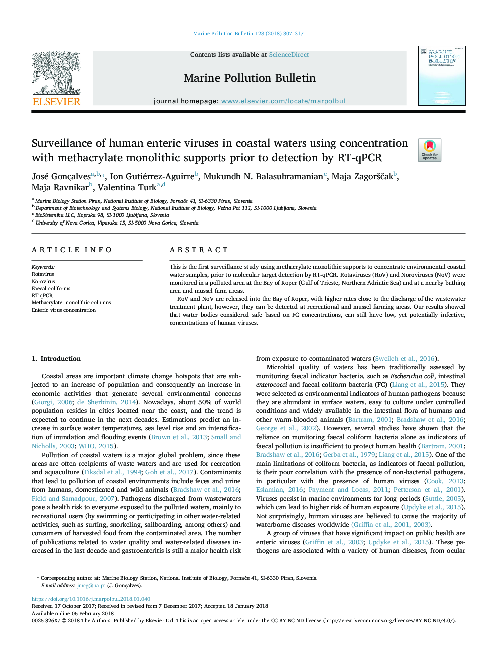 Surveillance of human enteric viruses in coastal waters using concentration with methacrylate monolithic supports prior to detection by RT-qPCR