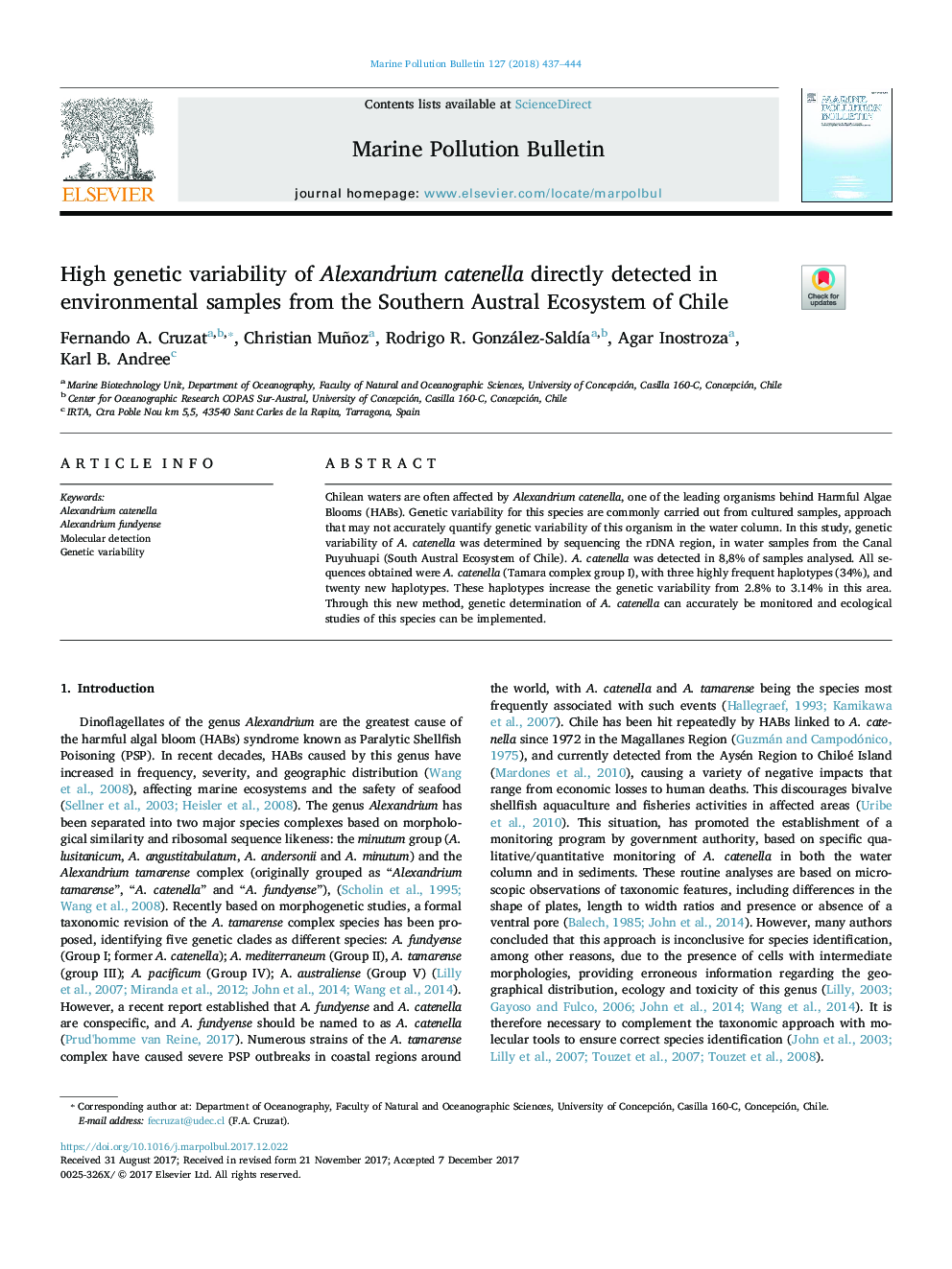 High genetic variability of Alexandrium catenella directly detected in environmental samples from the Southern Austral Ecosystem of Chile