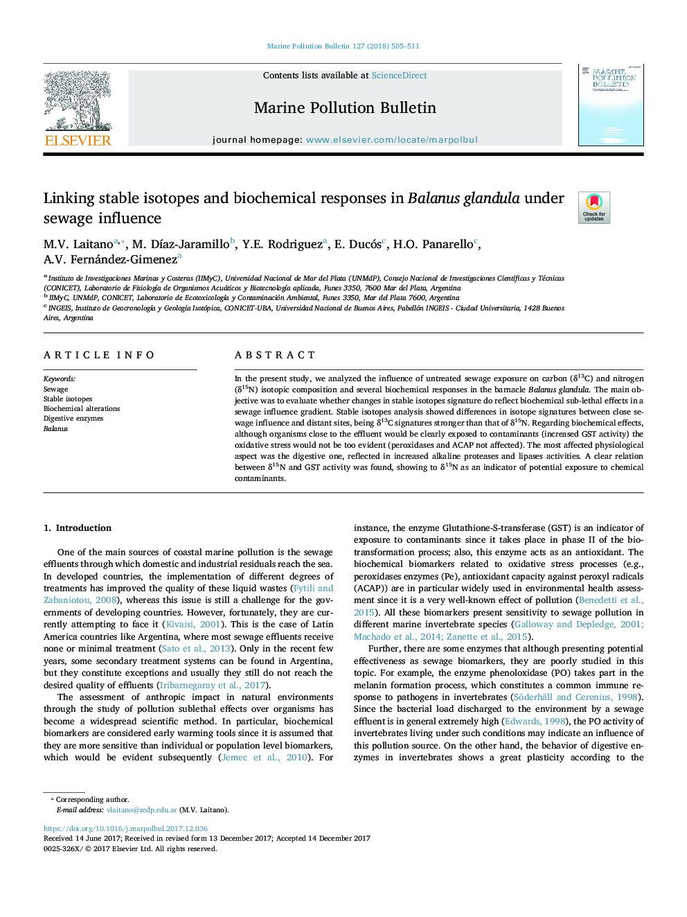 Linking stable isotopes and biochemical responses in Balanus glandula under sewage influence