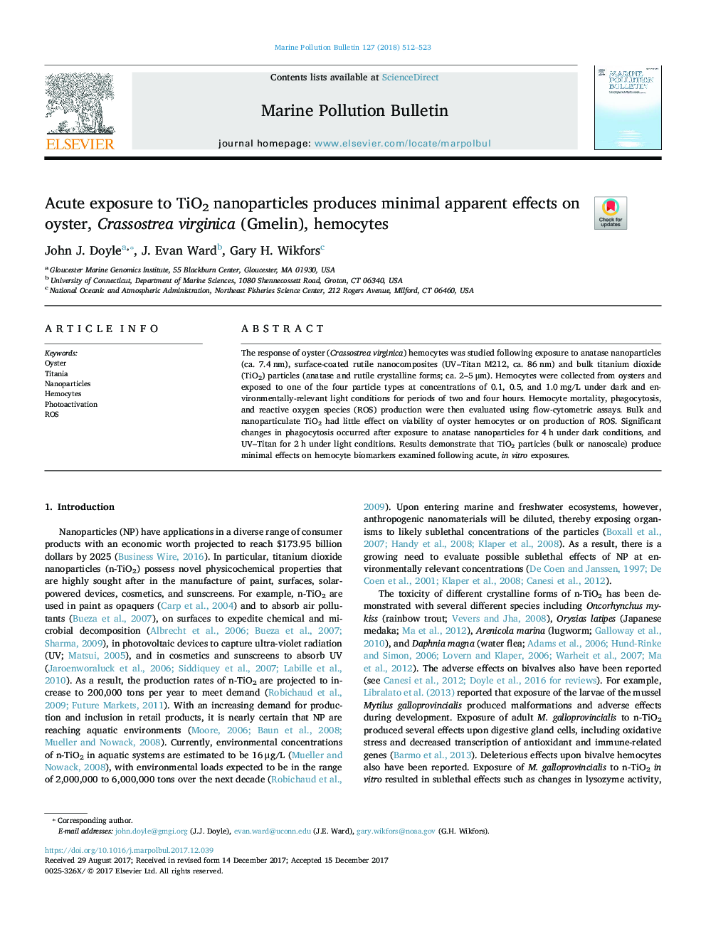 Acute exposure to TiO2 nanoparticles produces minimal apparent effects on oyster, Crassostrea virginica (Gmelin), hemocytes