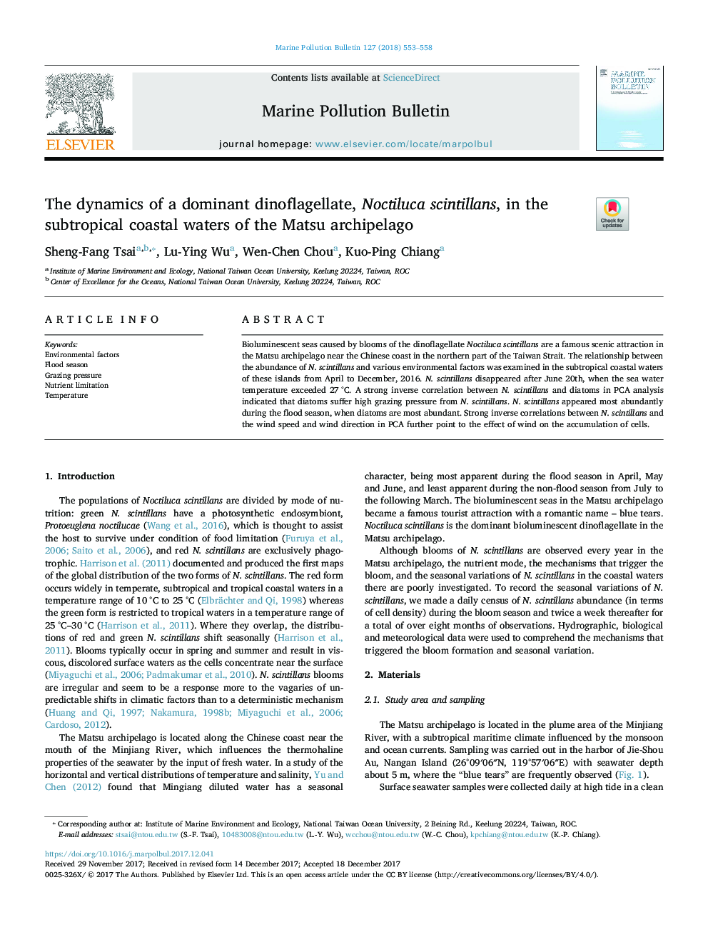 The dynamics of a dominant dinoflagellate, Noctiluca scintillans, in the subtropical coastal waters of the Matsu archipelago