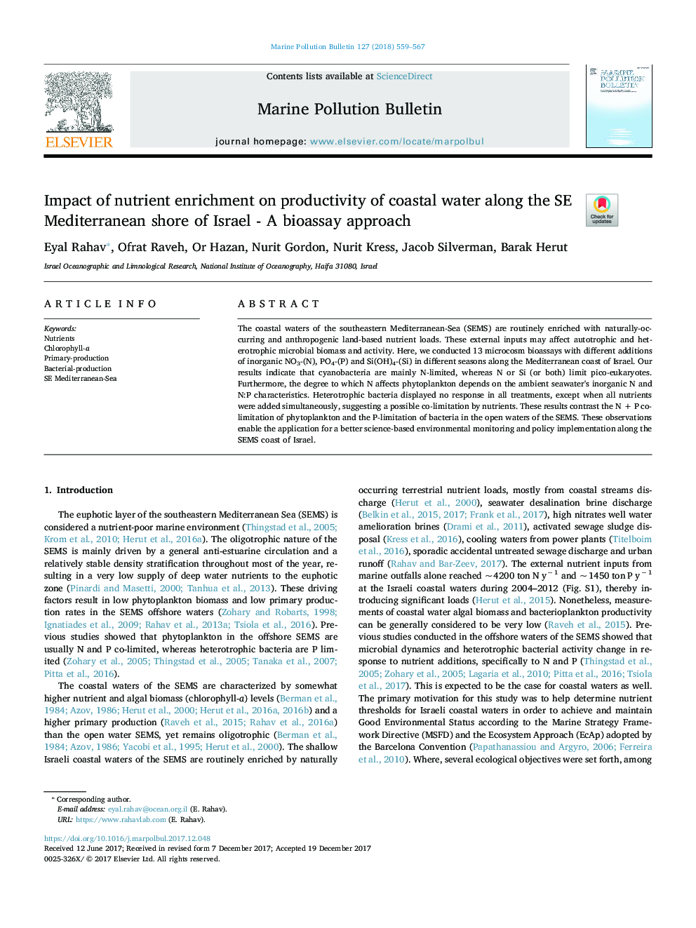 Impact of nutrient enrichment on productivity of coastal water along the SE Mediterranean shore of Israel - A bioassay approach