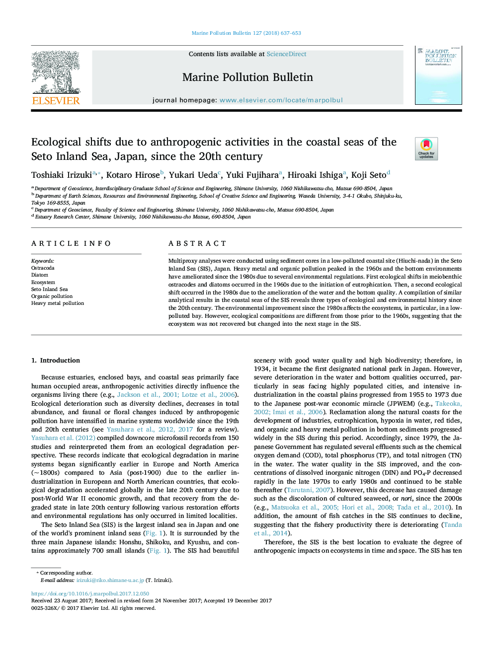 Ecological shifts due to anthropogenic activities in the coastal seas of the Seto Inland Sea, Japan, since the 20th century