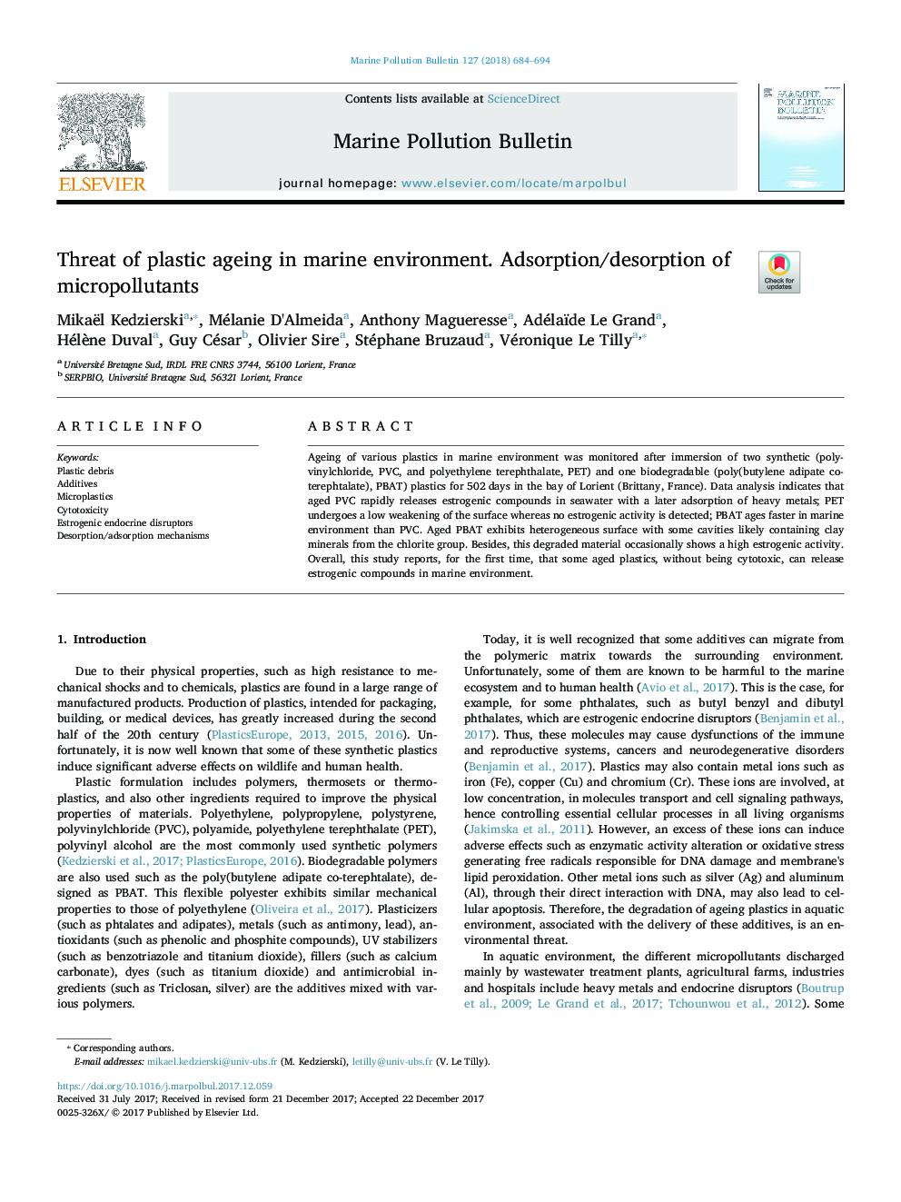 Threat of plastic ageing in marine environment. Adsorption/desorption of micropollutants