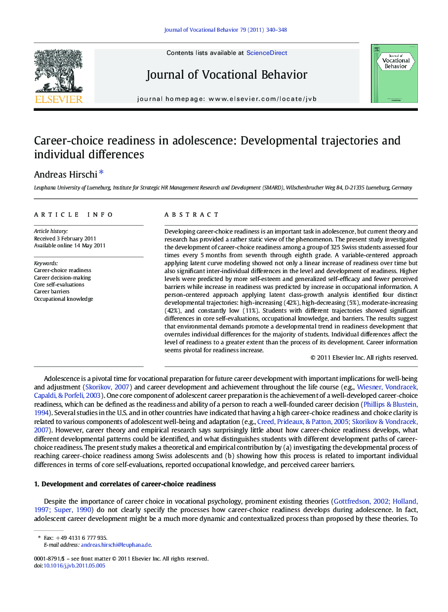 Career-choice readiness in adolescence: Developmental trajectories and individual differences