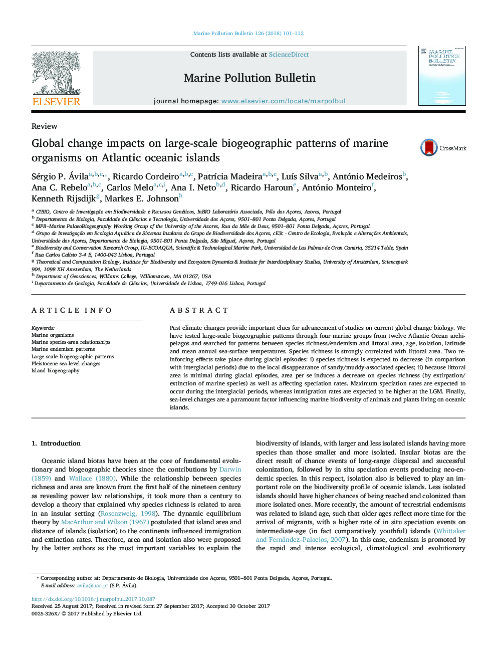 Global change impacts on large-scale biogeographic patterns of marine organisms on Atlantic oceanic islands