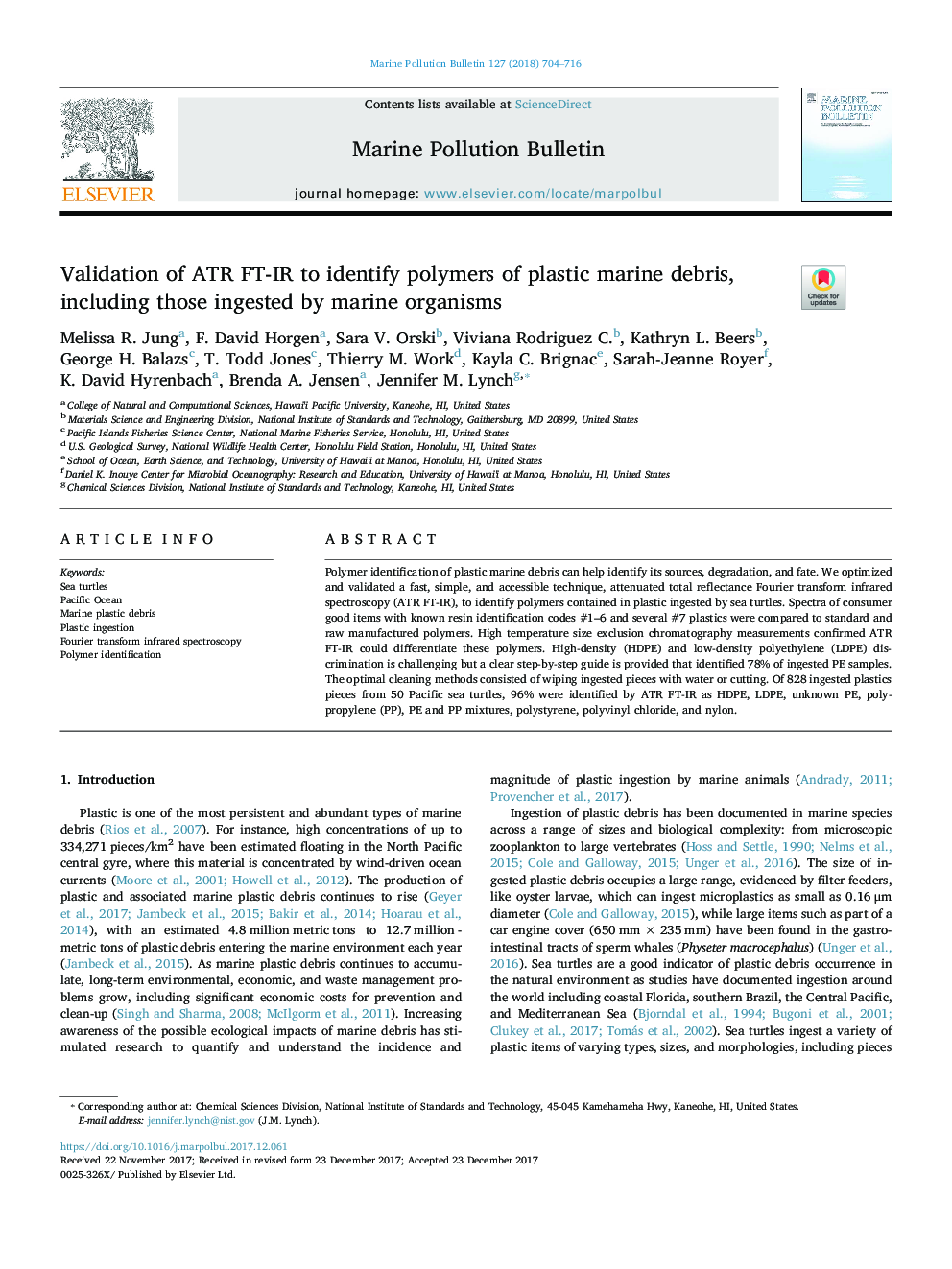 Validation of ATR FT-IR to identify polymers of plastic marine debris, including those ingested by marine organisms