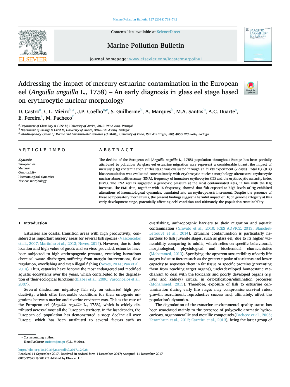 Addressing the impact of mercury estuarine contamination in the European eel (Anguilla anguilla L., 1758) - An early diagnosis in glass eel stage based on erythrocytic nuclear morphology