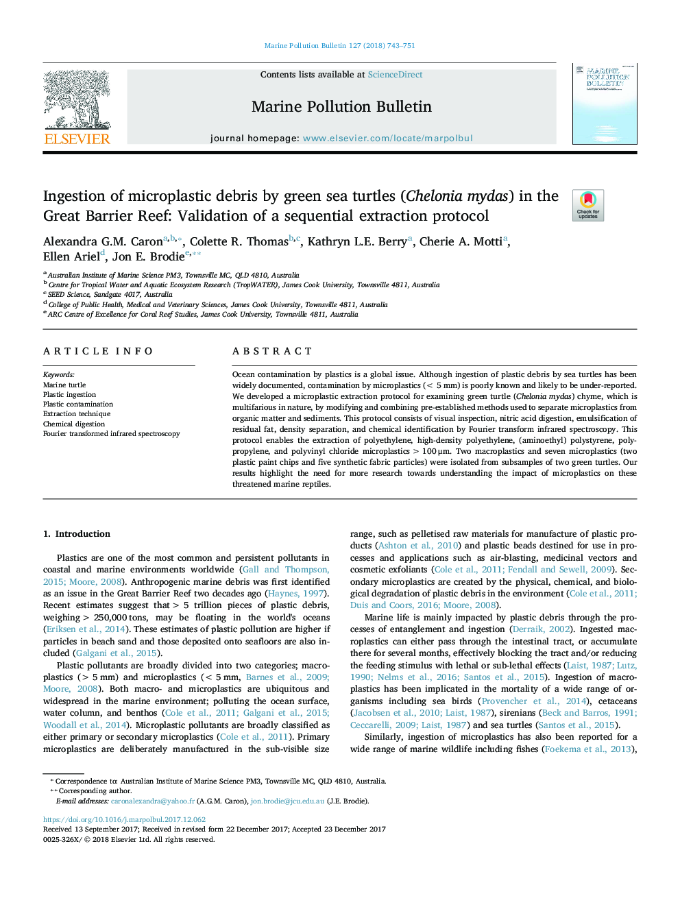 Ingestion of microplastic debris by green sea turtles (Chelonia mydas) in the Great Barrier Reef: Validation of a sequential extraction protocol