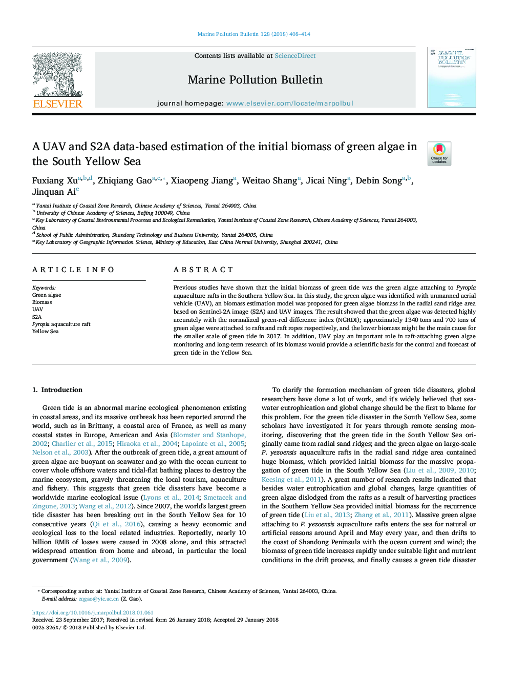 A UAV and S2A data-based estimation of the initial biomass of green algae in the South Yellow Sea