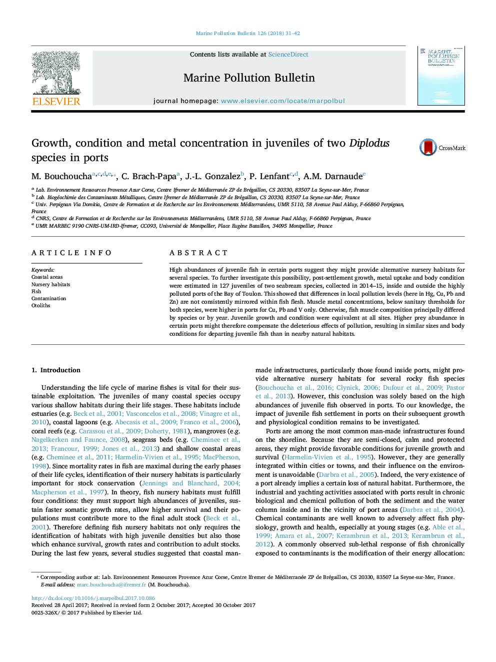 عکس صفحه اول مقاله: Growth, condition and metal concentration in juveniles of two Diplodus species in ports Growth, condition and metal concentration in juveniles of two Diplodus species in ports