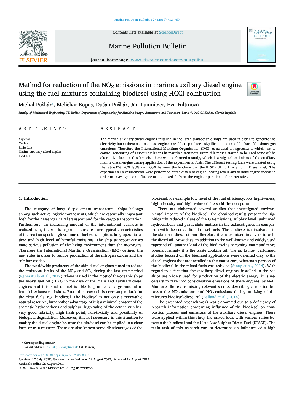 Method for reduction of the NOX emissions in marine auxiliary diesel engine using the fuel mixtures containing biodiesel using HCCI combustion