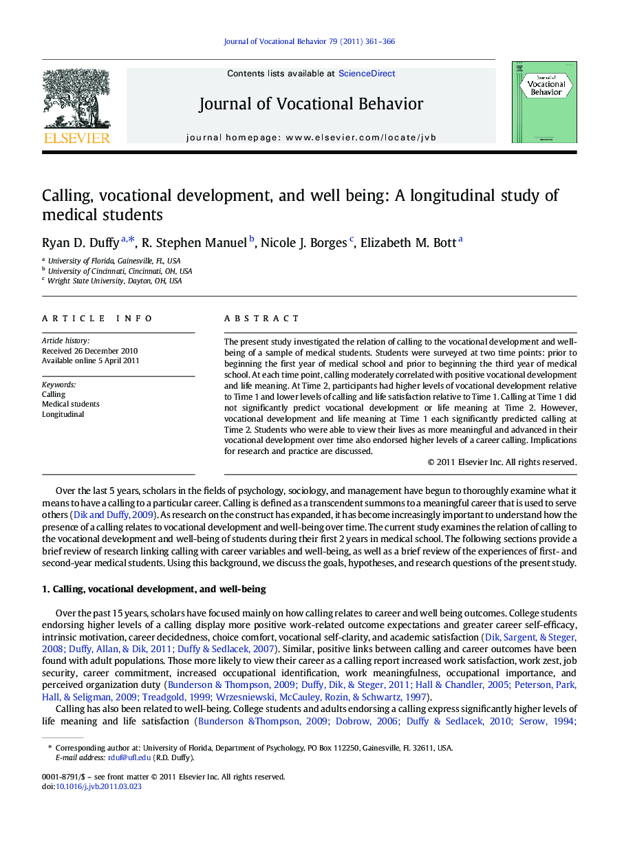 Calling, vocational development, and well being: A longitudinal study of medical students