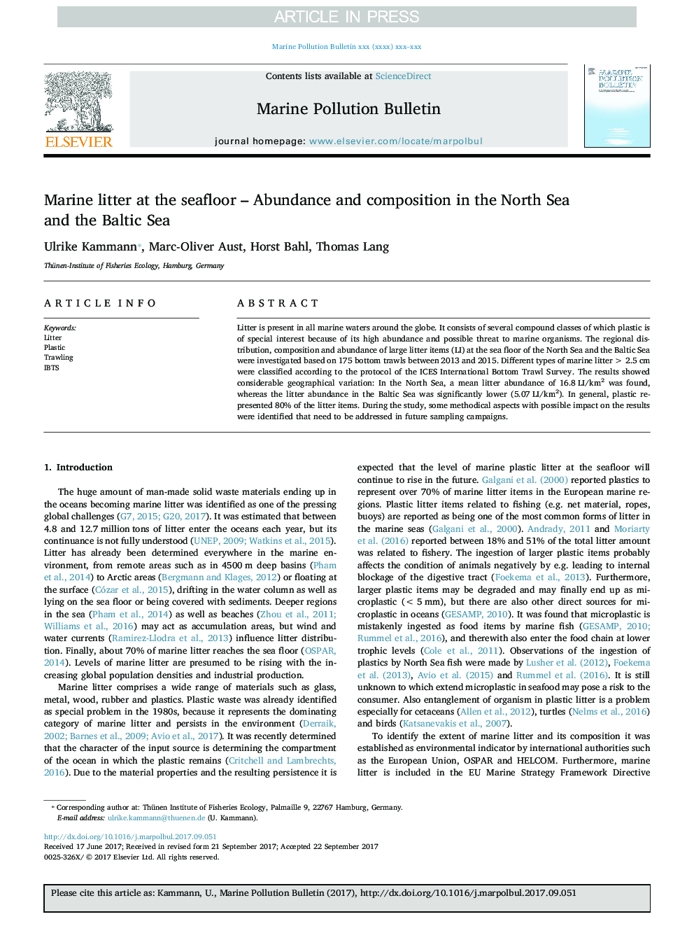 Marine litter at the seafloor - Abundance and composition in the North Sea and the Baltic Sea