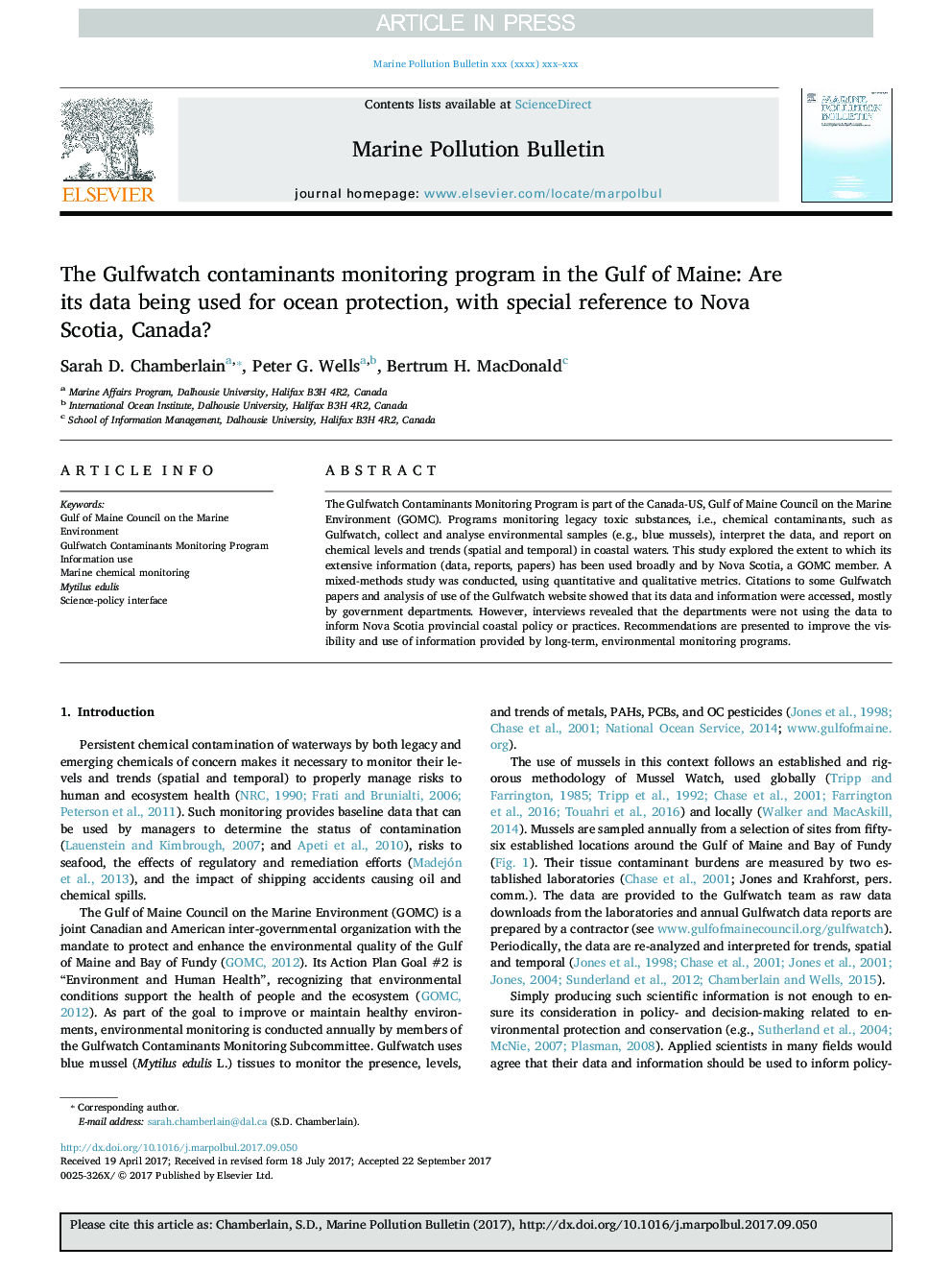 The Gulfwatch contaminants monitoring program in the Gulf of Maine: Are its data being used for ocean protection, with special reference to Nova Scotia, Canada?