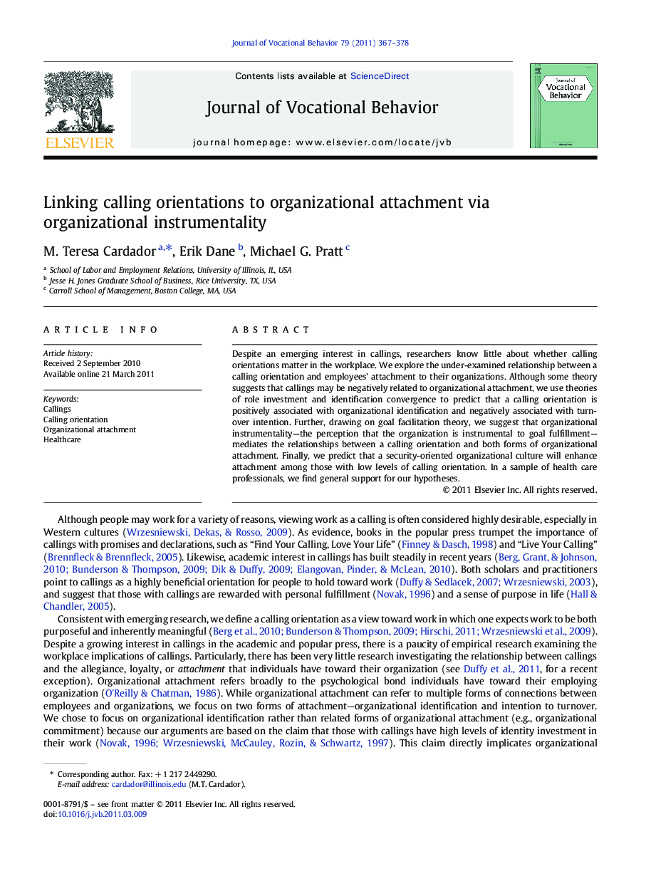Linking calling orientations to organizational attachment via organizational instrumentality
