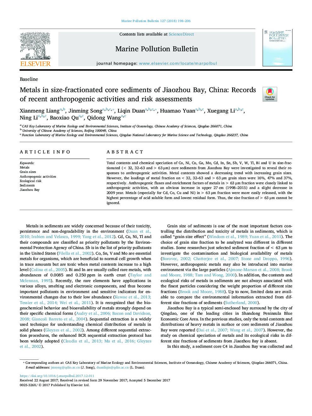 Metals in size-fractionated core sediments of Jiaozhou Bay, China: Records of recent anthropogenic activities and risk assessments