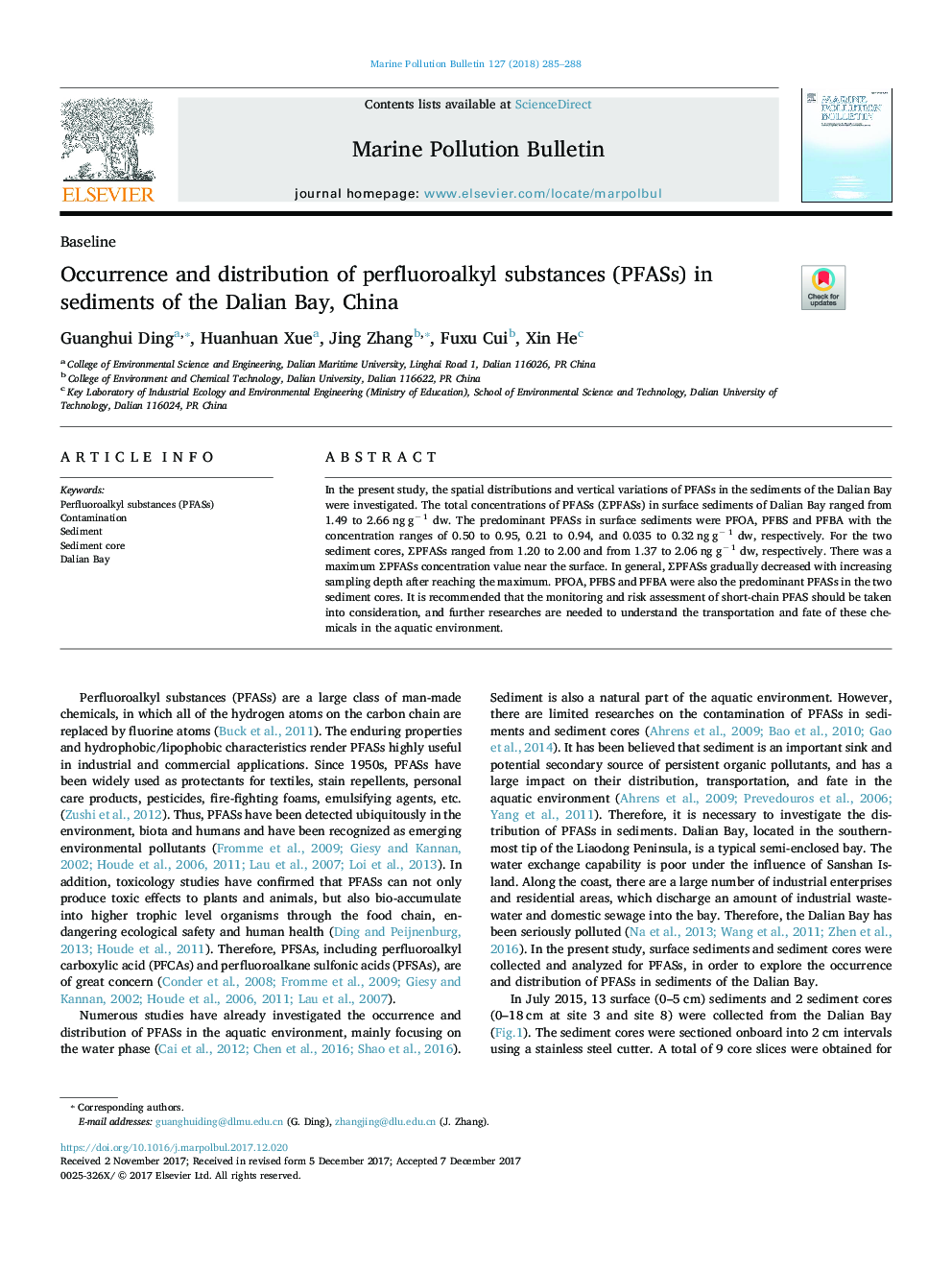 Occurrence and distribution of perfluoroalkyl substances (PFASs) in sediments of the Dalian Bay, China