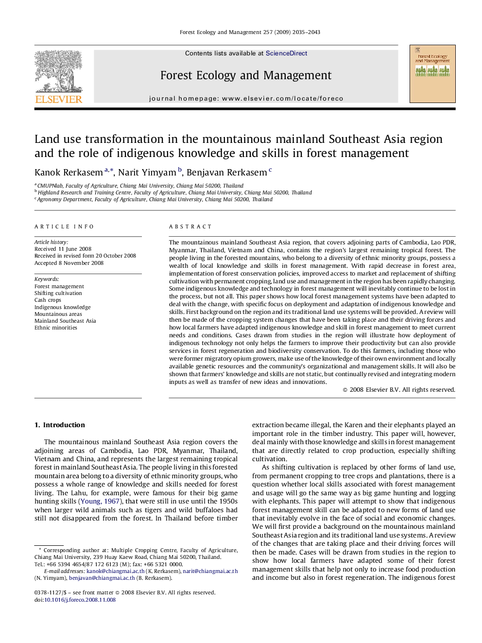 Land use transformation in the mountainous mainland Southeast Asia region and the role of indigenous knowledge and skills in forest management