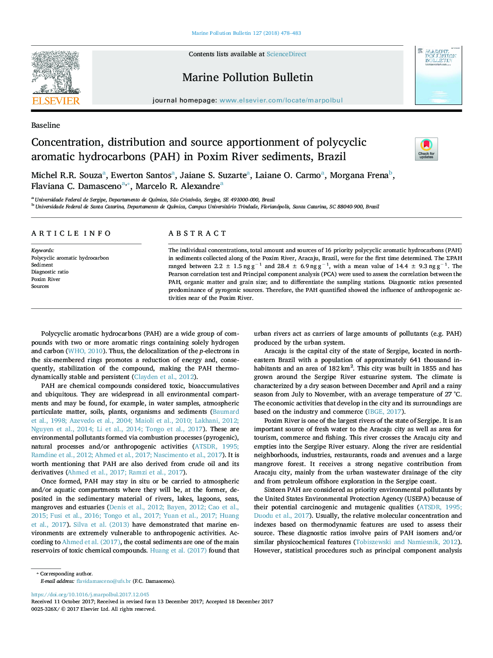 Concentration, distribution and source apportionment of polycyclic aromatic hydrocarbons (PAH) in Poxim River sediments, Brazil